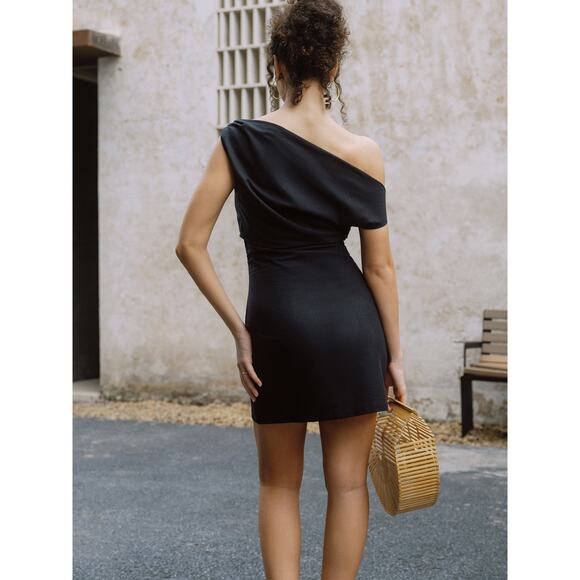 Commense Minimalist Chic Posh Spice Linen Blend Off Shoulder Mini Black Dress M - Picture 4 of 7